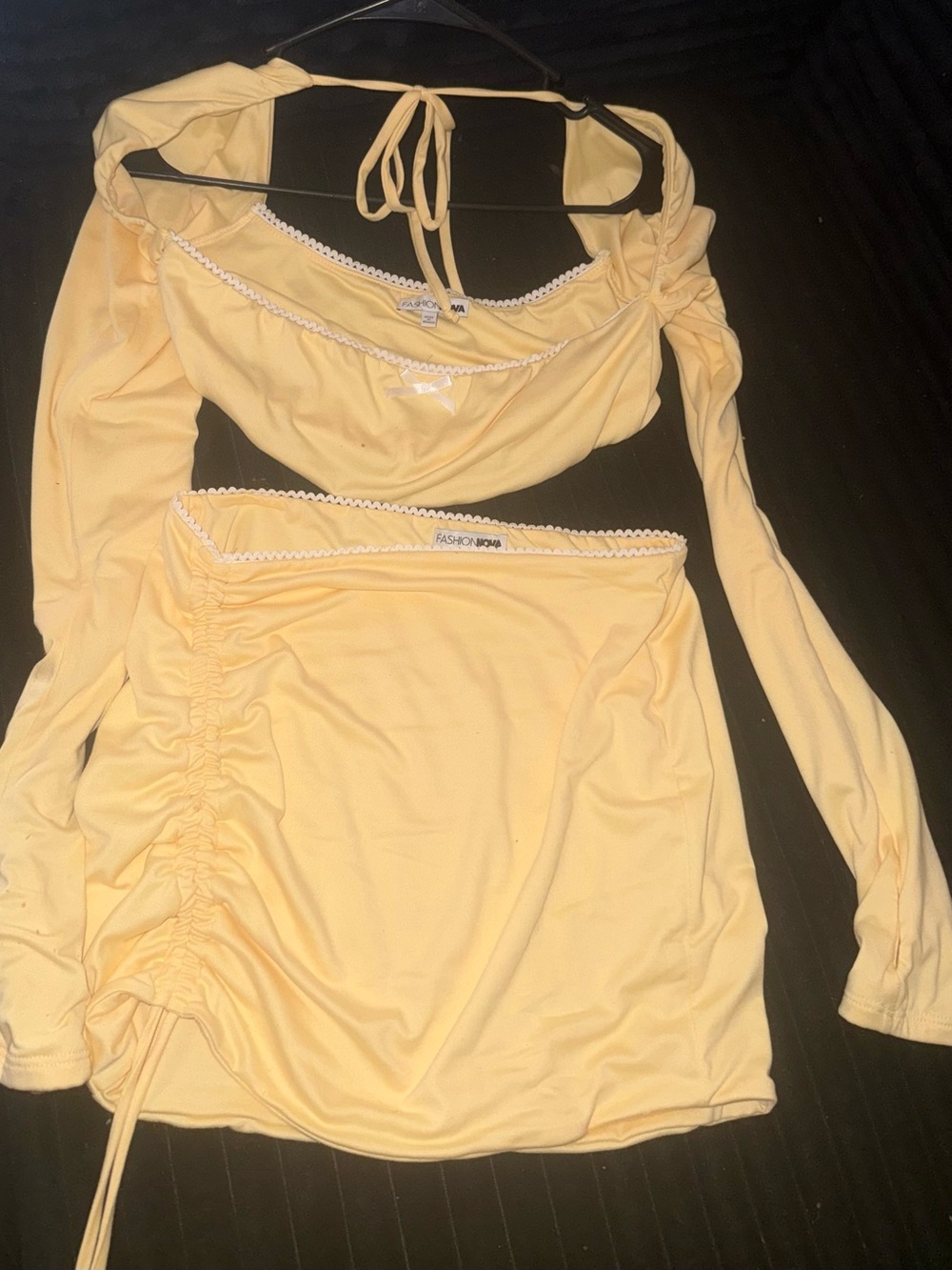 Fashion Nova Pale Yellow Ruched Long Sleeve Crop Top skirt set